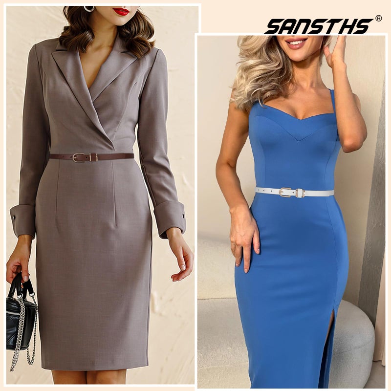 SANSTHS 4 Pack Women Thin Belts for Jeans Dresses Coats Skinny Women Belt with Gold Alloy Buckle, Black+Brown+White+Leopard M - Image 3